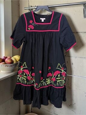 Go Softly Black Midi Dress with Pink Floral Embroidery